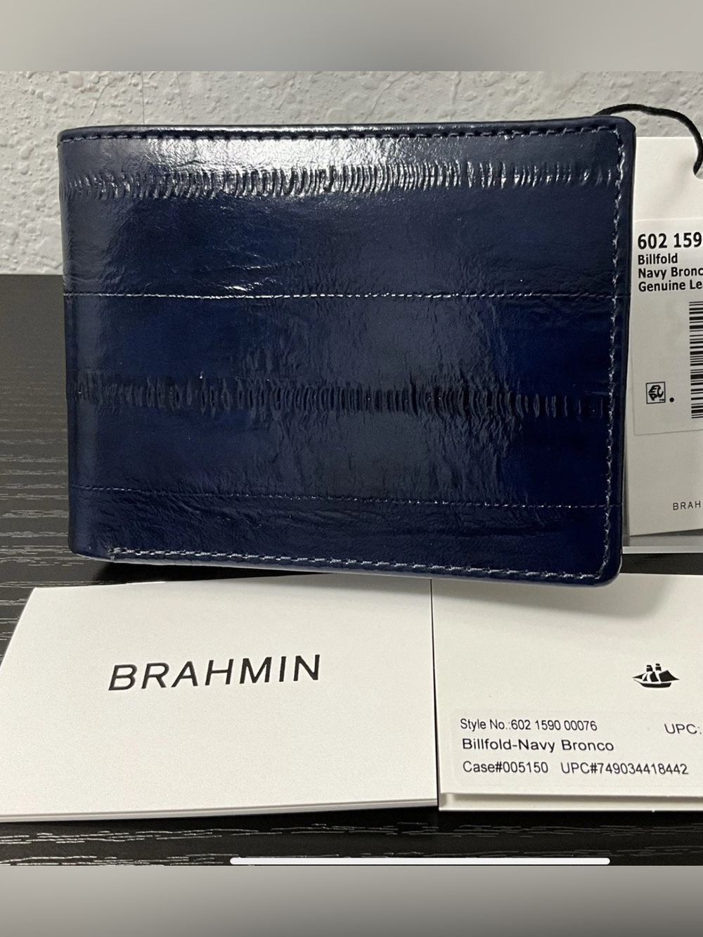 Brahmin Billfold NAVY BRONCO Men's Wallet EEL PATTERN Leather NWT